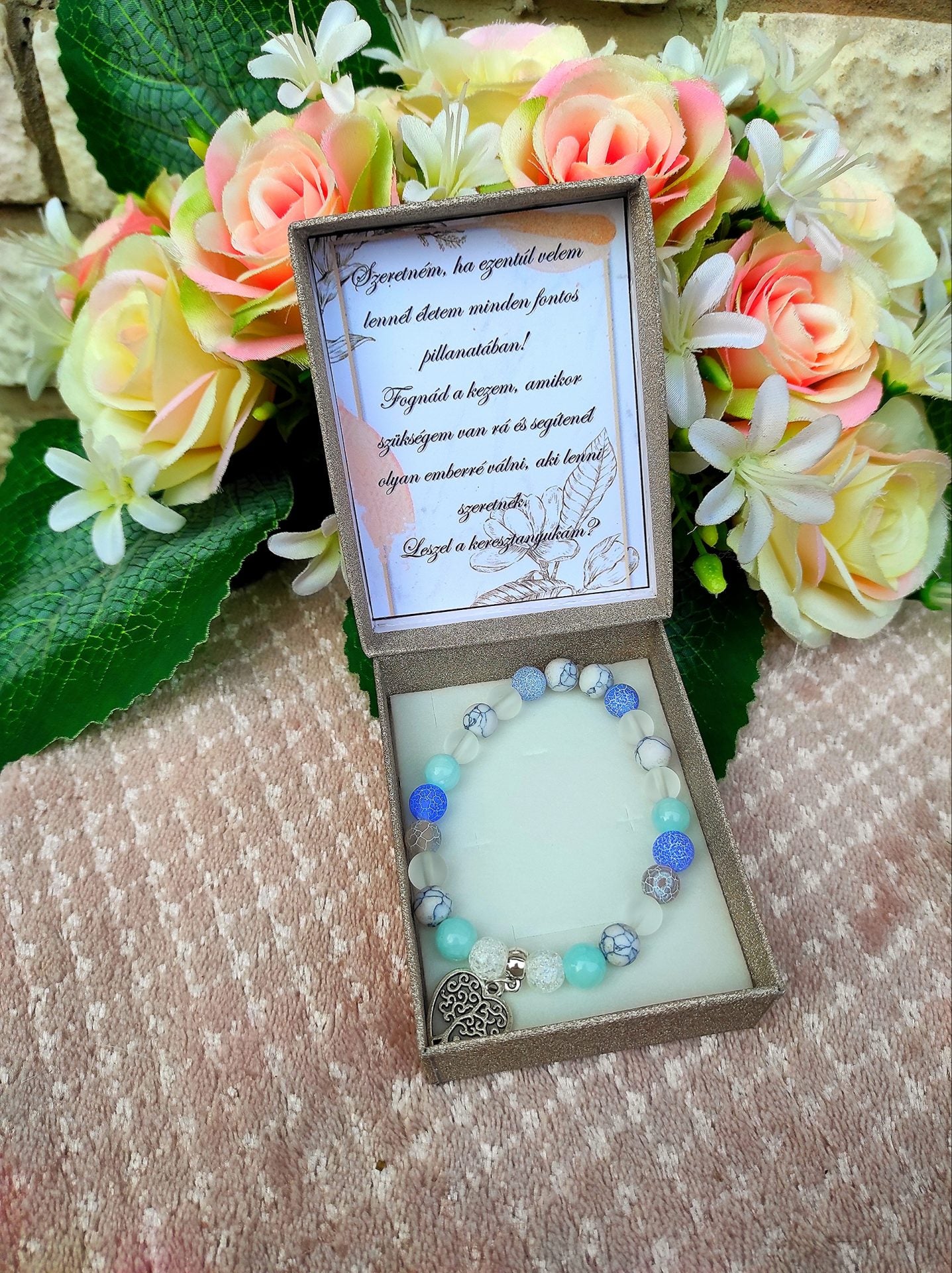 Keresztanya felkérő dobozos kék karkötő